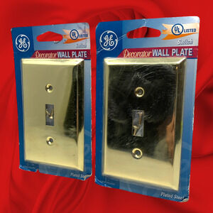 Vtg Lot 2 x Brass GE Decorator Wall Switch Plate Plated Steel Flush Gold Tone
